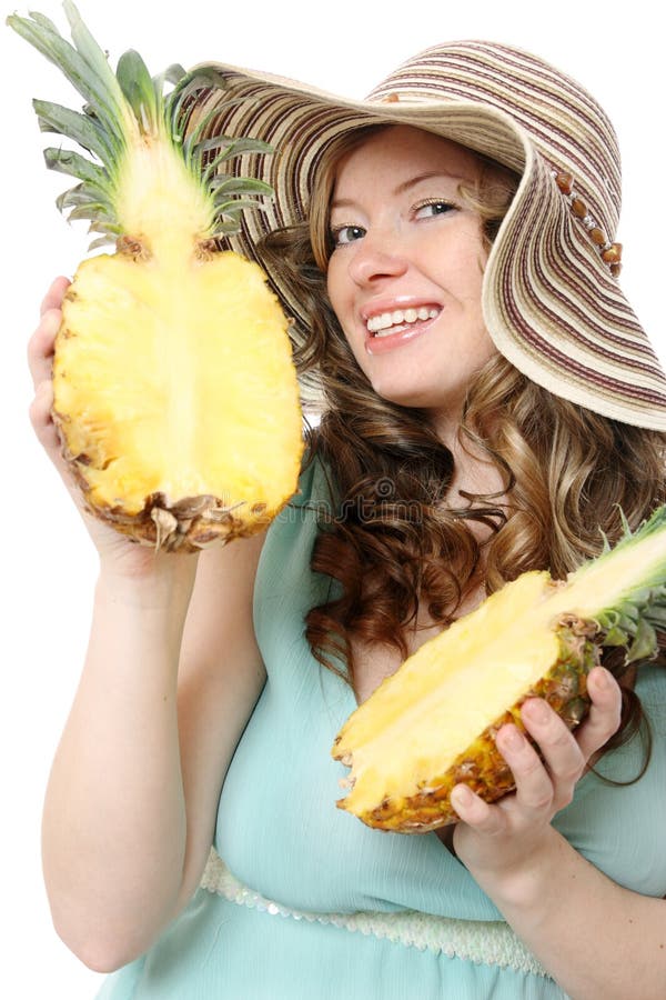 Woman with funny fruit hat stock image. Image of novelty 3870707