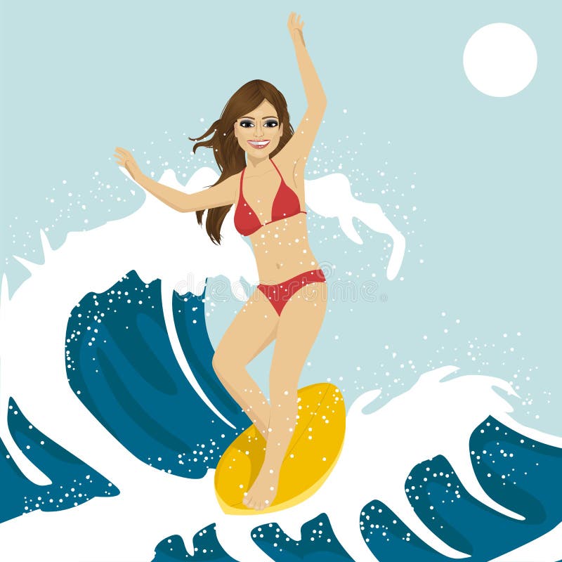 Beautiful young woman surfing on ocean waves. Blue ocean water crashing with splashes and drops stock illustration Beautiful young woman surfing on ocean waves. Blue ocean water crashing with splashes and drops stock illustration