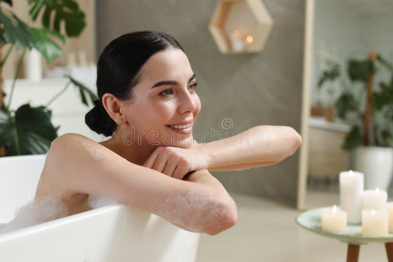 Beautiful Young Woman Taking Bubble Bath At Home Stock Image Image Of Candles Home 248992177