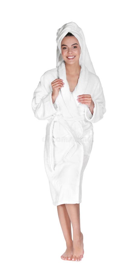 Beautiful Young Woman Wearing Bathrobe And Towel On Head Against White Background Stock Image 