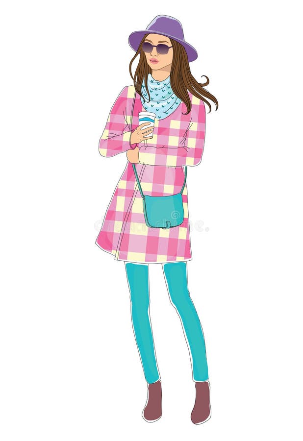 Beautiful young women girl fashion jacket in glasses and hat with cap of coffee. hipster stile Vector hand drawn stock illustration Beautiful young women girl fashion jacket in glasses and hat with cap of coffee. hipster stile Vector hand drawn stock illustration