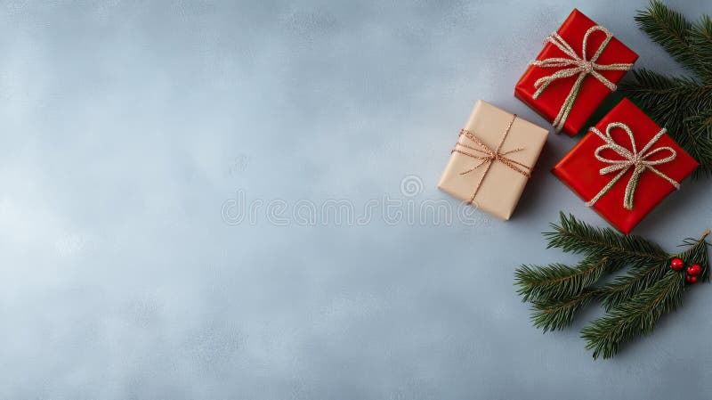 A beautifully arranged Christmas setting features red and white decorations alongside pine branches in boxes royalty free stock photo