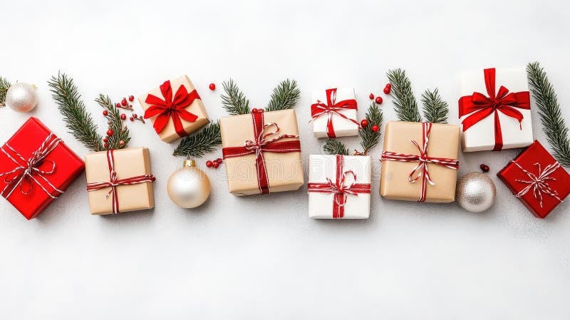 A beautifully arranged Christmas setting features red and white decorations alongside pine branches in boxes royalty free stock image