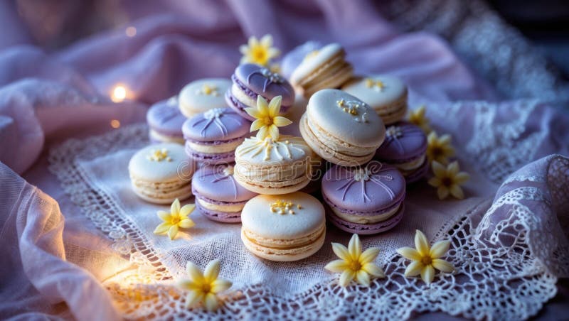 Delectable Lavender and White Macarons with Floral Decorations on Lace  Stock Illustration - Illustration of handmade, food: 399756322