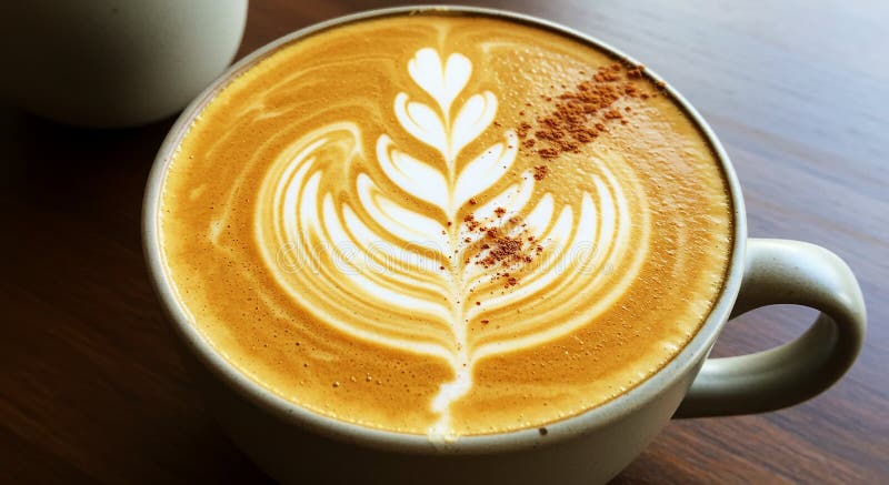 A beautifully crafted latte in a light gray ceramic cup features intricate latte art vector illustration