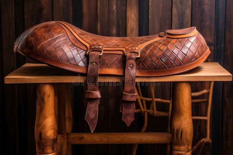 A beautifully crafted leather saddle on wooden bench stock illustration