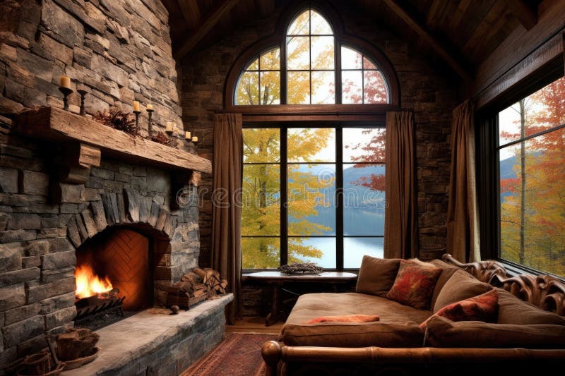 Beautifully crafted rustic stone fireplace in a cabin royalty free illustration