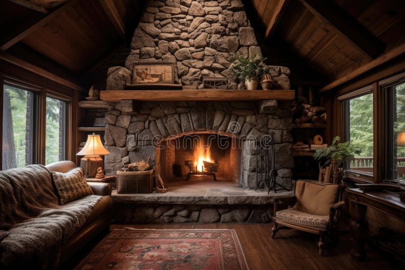 Beautifully crafted rustic stone fireplace in a cabin royalty free illustration