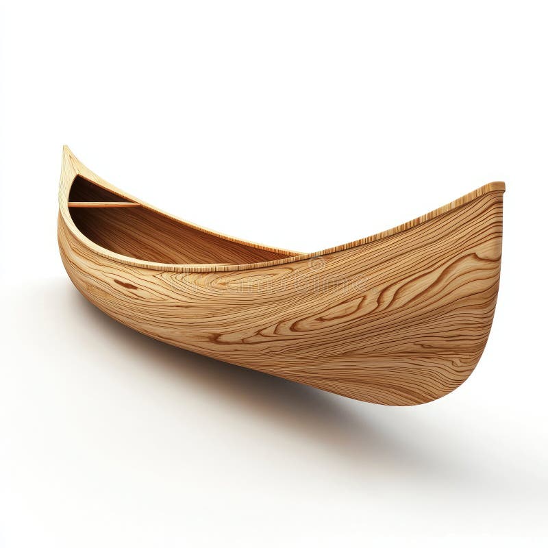 A beautifully crafted wooden canoe showcasing intricate wood grain patterns. , on a white background stock illustration