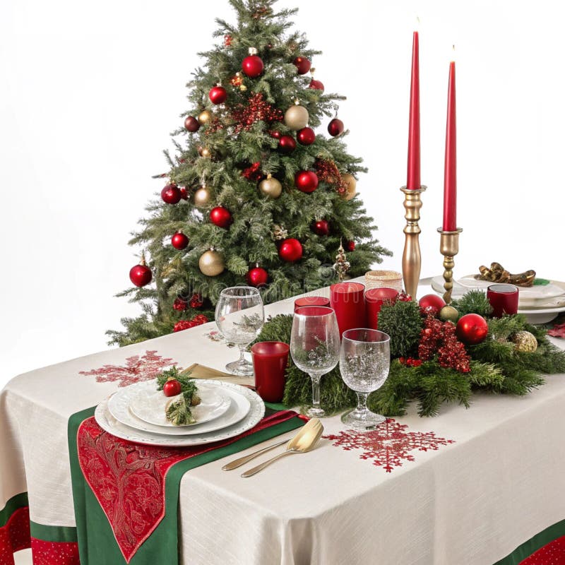 Beautifully decorated Christmas table setting isolated on white background stock illustration