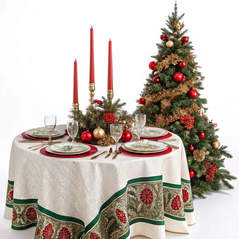 Beautifully decorated Christmas table setting isolated on white background stock illustration