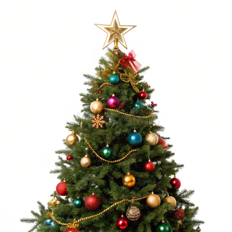 Decorated Christmas tree with ornaments and a star on top isolated on white background royalty free illustration