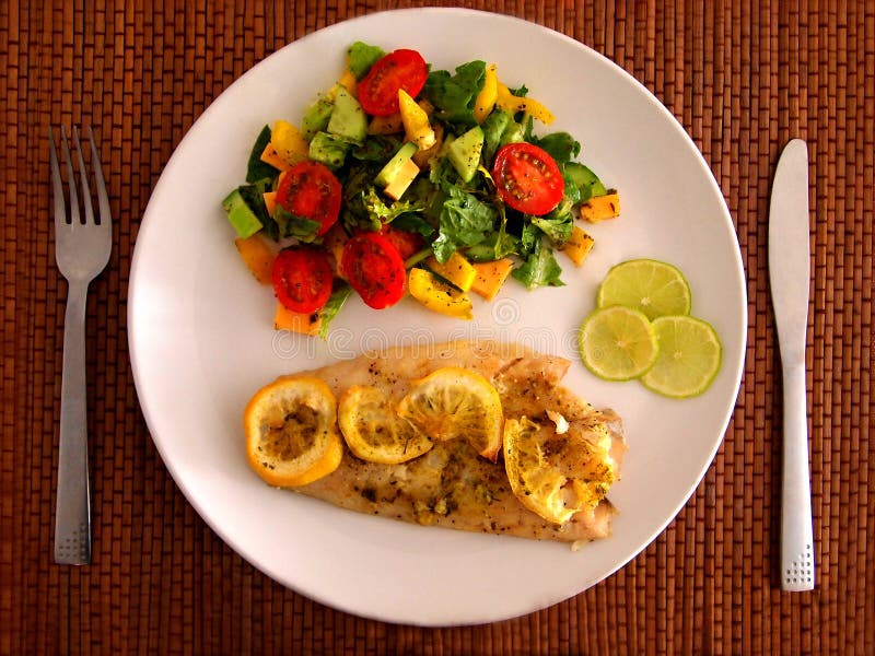 Beautifully Decorated Meal on Plate. Fish. Vegetables. Stock Photo ...