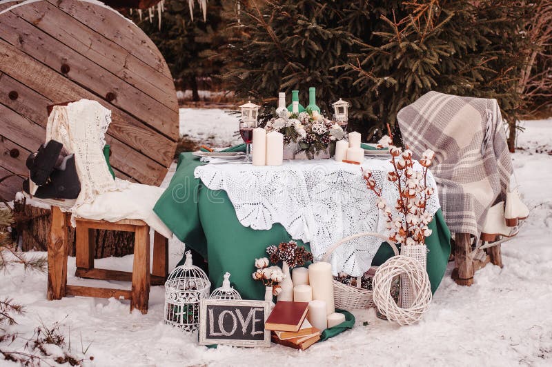 Beautifully decorated outdoors countryside winter wedding table. Wedding cone stock images, royalty-free photos and pictures