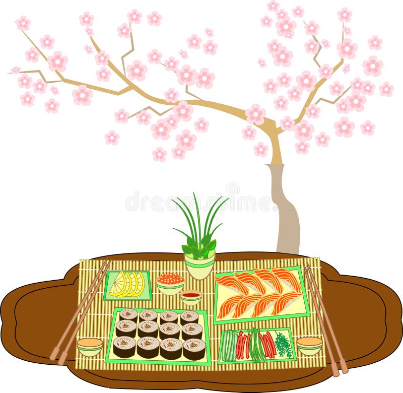 Beautifully decorated table with sushi and rolls. Traditions of Japanese cuisine. A delicate background creates a cherry branch. royalty free illustration Beautifully decorated table with sushi and rolls. Traditions of Japanese cuisine. A delicate background creates a cherry branch. royalty free illustration