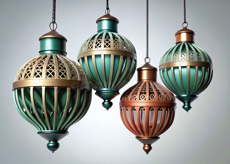 Beautifully designed green and copper lanterns with delicate patterns, featuring intricate metalwork and a glowing ambiance vector illustration