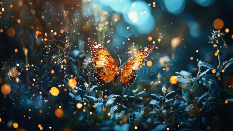Butterfly in a Magical Garden with Glowing Lights stock photo