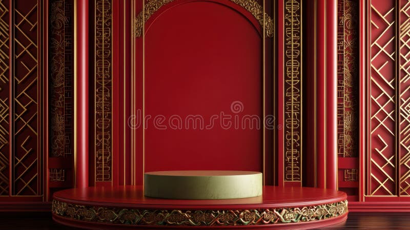 Intricate Chinese lattice pattern with circular ornate frame on deep red background with gold details royalty free stock photography