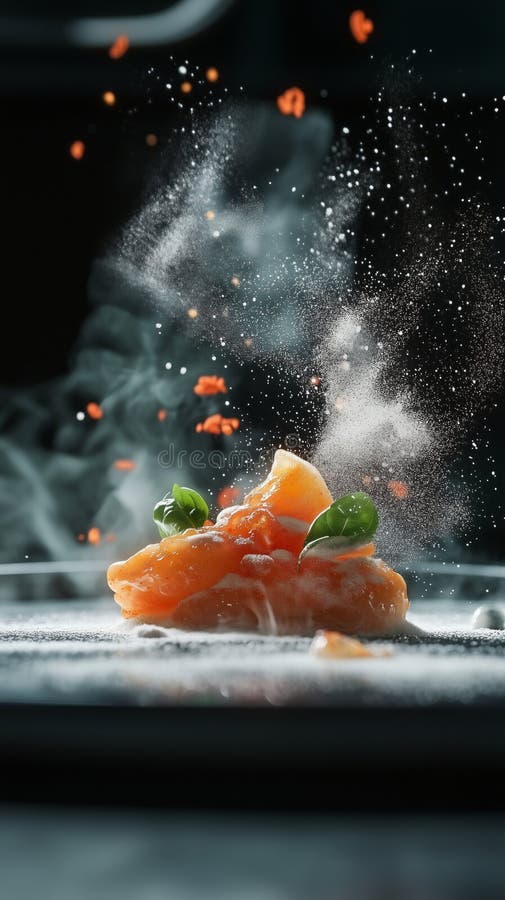 Exquisite Salmon Dish with Basil Leaves and Spice Explosion in Culinary ...