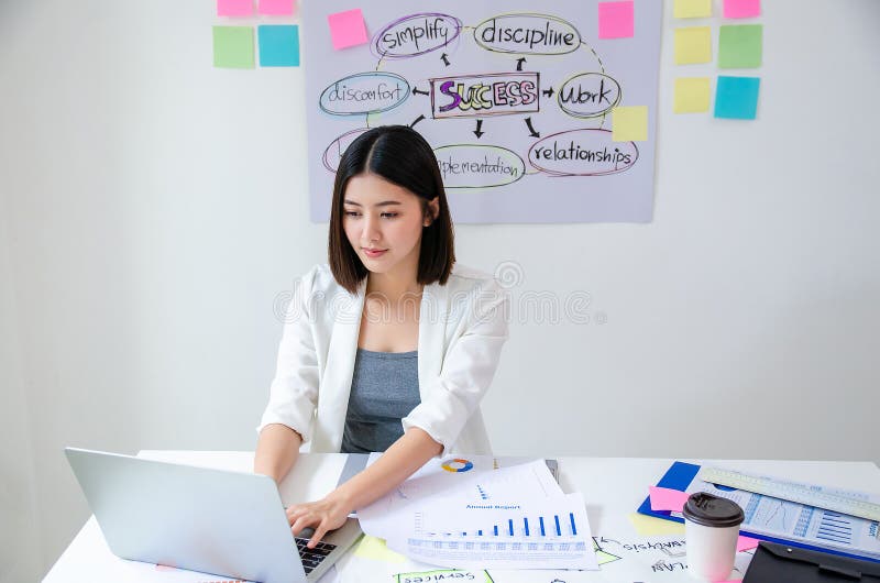 Beauty asian woman having coffee and working in modern office. Work on laptop in white room. White female with white dress. Agile