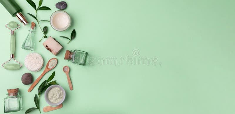 Beauty Background with Various Eco Friendly Cosmetic and Skin Care  Products. Modern Spring Skin Care Layout, Top View, Flat Lay. Stock Photo -  Image of green, organic: 184476996