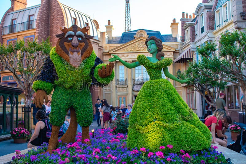 Beauty and Beast topiaries in France Pavilion at Epcot in Walt Disney World .