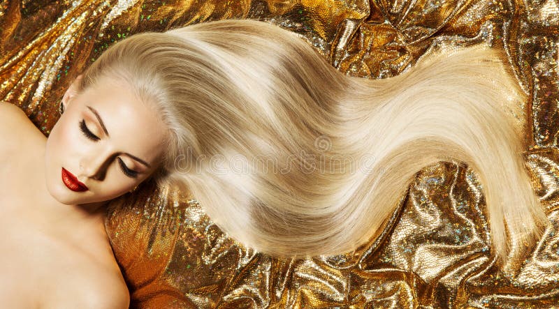 Beauty Blonde Hairstyle Model. Shiny Straight Long Golden Blond Hair Close up. Glamour Luxury Woman Perfect Skin Face Make up