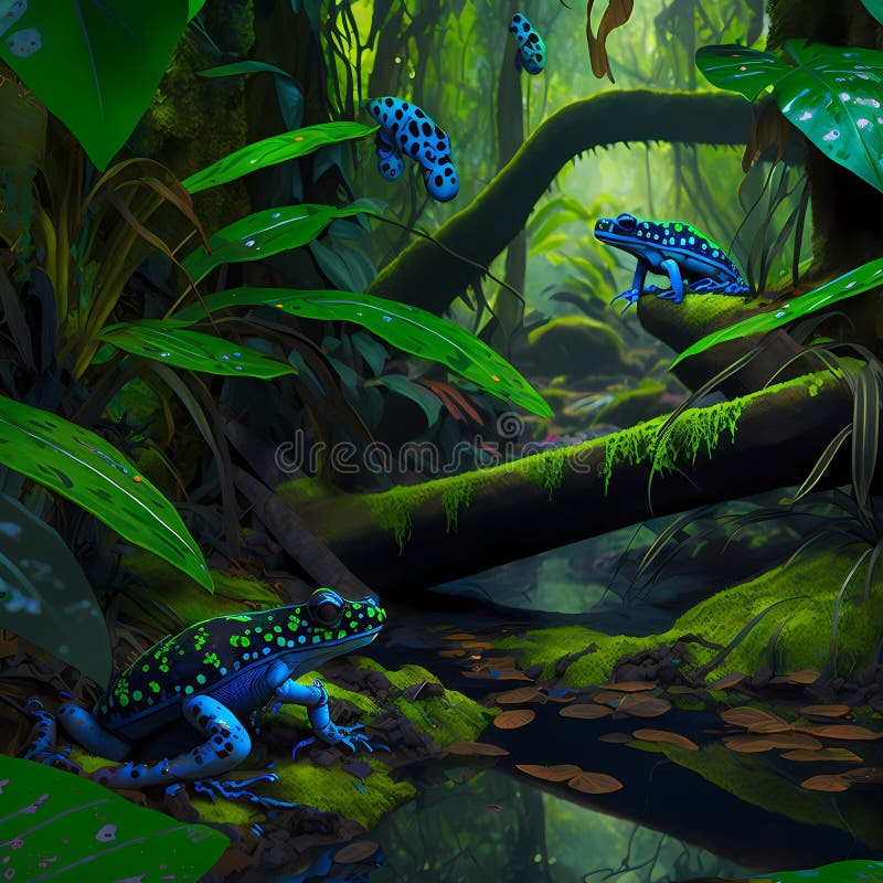 Blue Poison Dart Frog Habitats. Generative AI Stock Illustration
