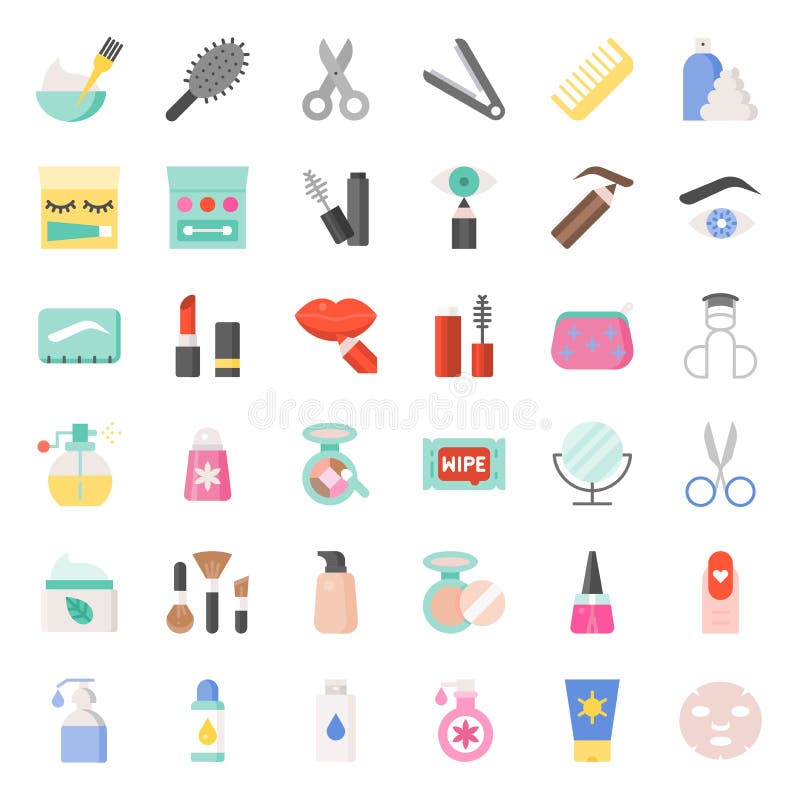 Beauty, body cares products and cosmetics icon set