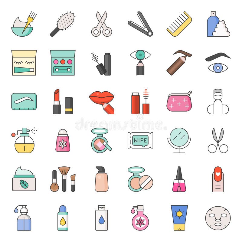 Beauty, body cares products and cosmetics icon set