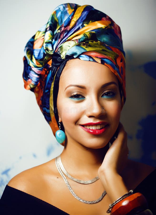 Beauty Bright African Woman with Creative Make Up, Shawl on Head Like ...