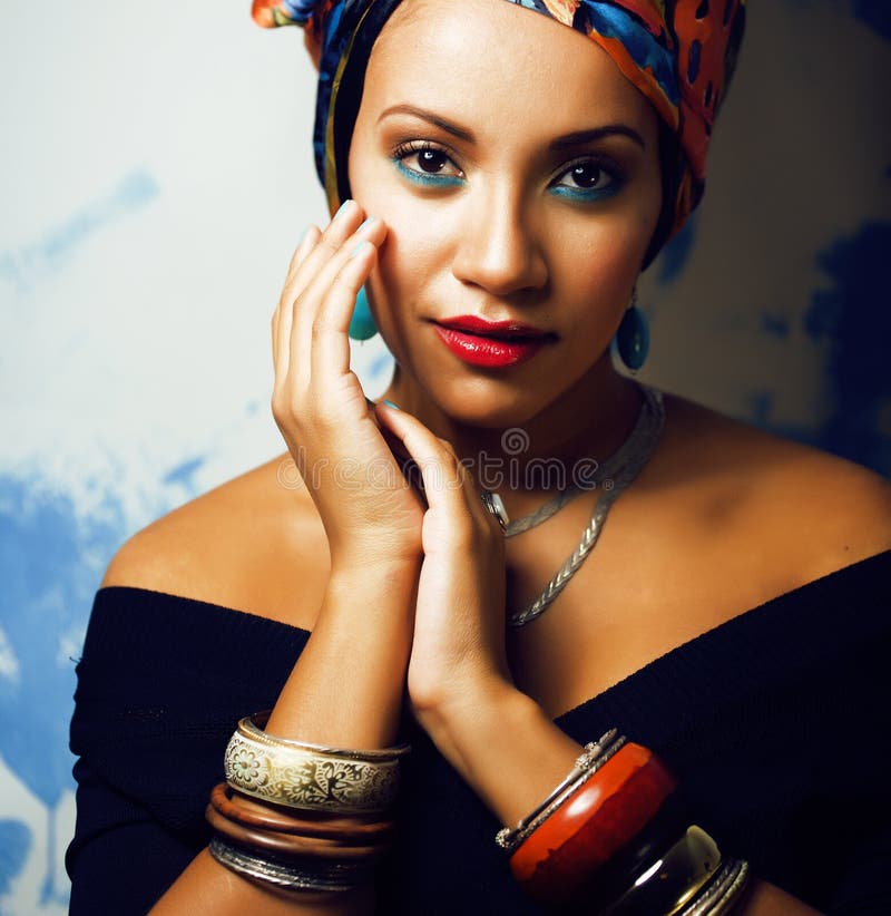 Beauty bright african woman with creative make up, shawl on head like cubian closeup smiling royalty free stock images Beauty bright african woman with creative make up, shawl on head like cubian closeup smiling royalty free stock images