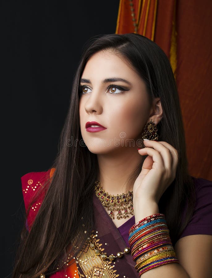 Beauty Brunette Indian Woman Portrait. Hindu Model Girl with Brown Eyes. Indian Girl in Sari Stock Photo - Image of hand, girl: 105513056 Beauty Brunette Indian Woman Portrait. Hindu Model Girl with Brown Eyes. Indian Girl in Sari Stock Photo - Image of hand, girl: 105513056