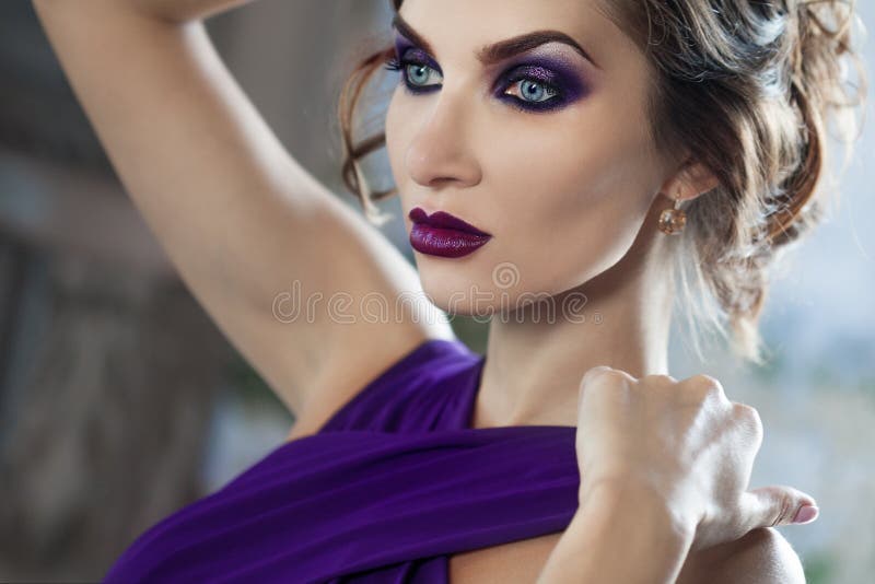 Beauty Brunette Model Woman In Evening Purple Dress Beautiful Fashion Luxury Makeup And