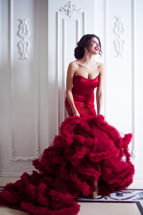 Beauty Brunette Model Woman In Evening Red Dress. Beautiful Fashion ...