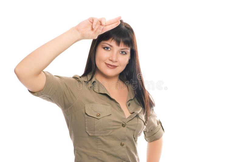 Beauty brunette soldier girl salute