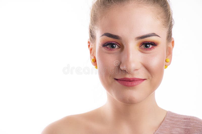 Beauty Concept Portrait Of Model With Rose Lips Painted With Lip Gloss