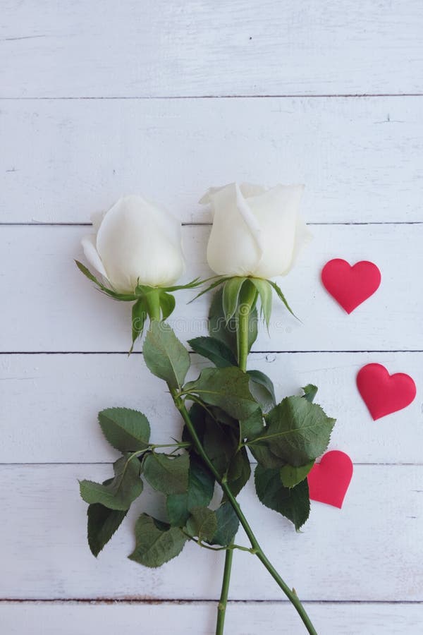 Beauty crystal white rose and red satin hearts shape on wooden floor. Valentine&x27;s day background concept