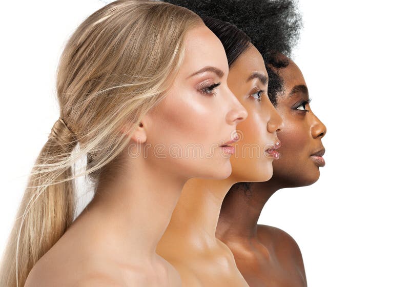 Beauty Diversity Faces. Multi Ethnic Women Caucasian, African and Asian. Three Woman Profile with different Skin Type and Color royalty free stock photography