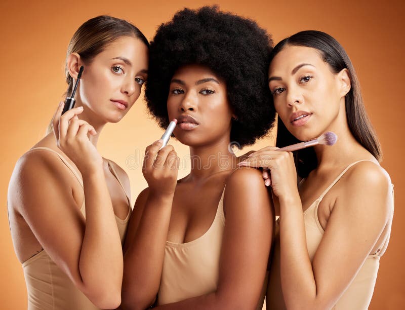 Beauty, diversity and makeup with model woman friends in studio on a brown background to promote a product. Cosmetics