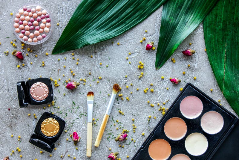 Beauty and fashion with decorative cosmetics for make up on stone table background top view pattern stock photos Beauty and fashion with decorative cosmetics for make up on stone table background top view pattern stock photos