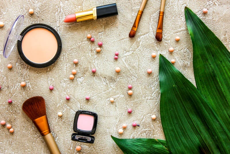 Beauty and fashion with decorative cosmetics for make up on stone table background top view pattern royalty free stock images Beauty and fashion with decorative cosmetics for make up on stone table background top view pattern royalty free stock images