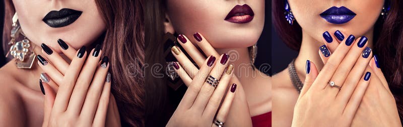 Beauty fashion model with different make-up and nail design wearing jewelry on black background. Set of manicure. Three stylish looks. Beauty fashion model with different make-up and nail design wearing jewelry on black background. Set of manicure. Three stylish looks