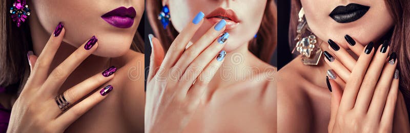 Beauty fashion model with different make-up and nail design wearing jewelry on black background. Set of manicure. Three stylish looks. Beauty fashion model with different make-up and nail design wearing jewelry on black background. Set of manicure. Three stylish looks