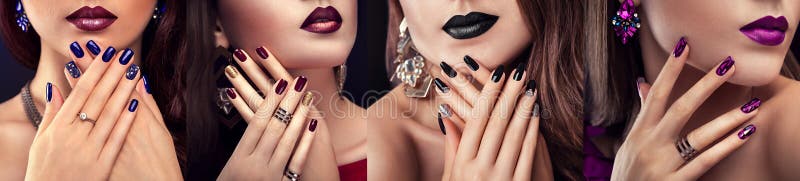 Beauty fashion model with different make-up and nail design wearing jewelry on black background. Set of manicure. Four stylish looks. Beauty fashion model with different make-up and nail design wearing jewelry on black background. Set of manicure. Four stylish looks