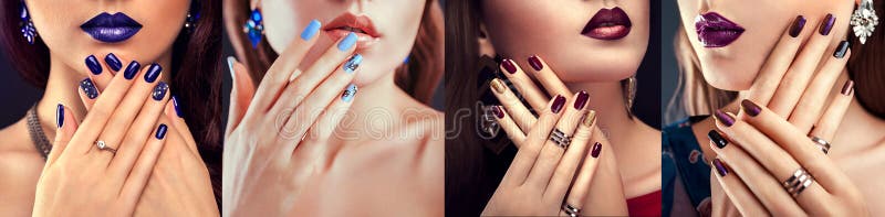 Beauty fashion model with different make-up and nail design wearing jewelry on black background. Set of manicure. Four stylish looks. Beauty fashion model with different make-up and nail design wearing jewelry on black background. Set of manicure. Four stylish looks