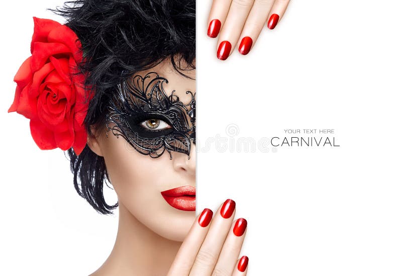 Beauty Fashion Woman with Carnival Mask Makeup. Red Lips and Man royalty free stock photography Beauty Fashion Woman with Carnival Mask Makeup. Red Lips and Man royalty free stock photography