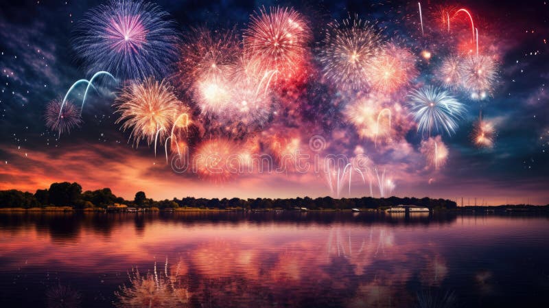 Beauty of the fireworks reflect on river or lake water. AI generated