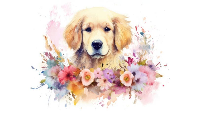 beauty of flowers with the charm of dogs a watercolor featuring dogs surrounded by a wreath of colorful blooms.