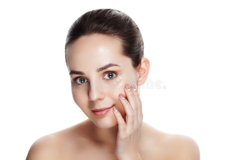 Beauty Girl Try to Different tones of Foundation Concealer. Natural Makeup for Brunette Woman with Beautiful Face. Makeover. Per royalty free stock image Beauty Girl Try to Different tones of Foundation Concealer. Natural Makeup for Brunette Woman with Beautiful Face. Makeover. Per royalty free stock image